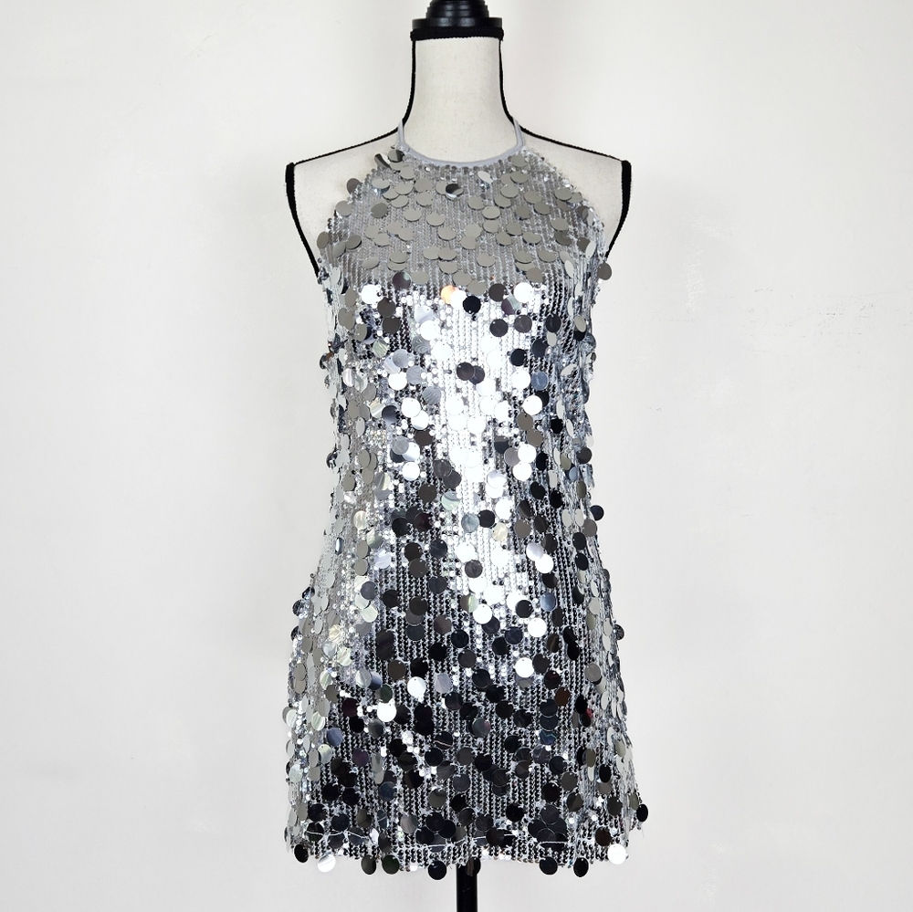 NWT Know One Cares Silver Sequin Halter Mini Dress, Size Large